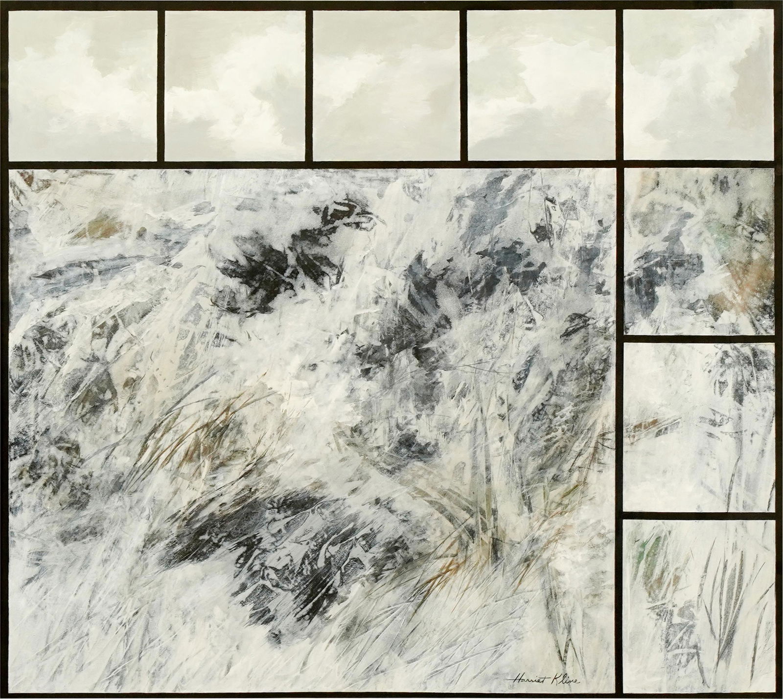 HARRIET KLINE (20TH / 21ST CENTURY): DECEMBER DIALOGUE: acrylic and watercolor on paper, matted and framed under acrylic; signed lower right; titled on label verso; Provenance: The Estate of William Bernstein; 21 x 23 1/2 inches sight; 27 1/2 x 30 inches f