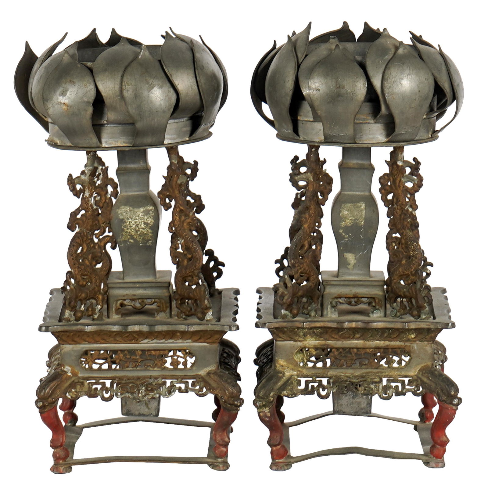 PAIR OF ASIAN PEWTER ALTAR STICKS (1 of 11)