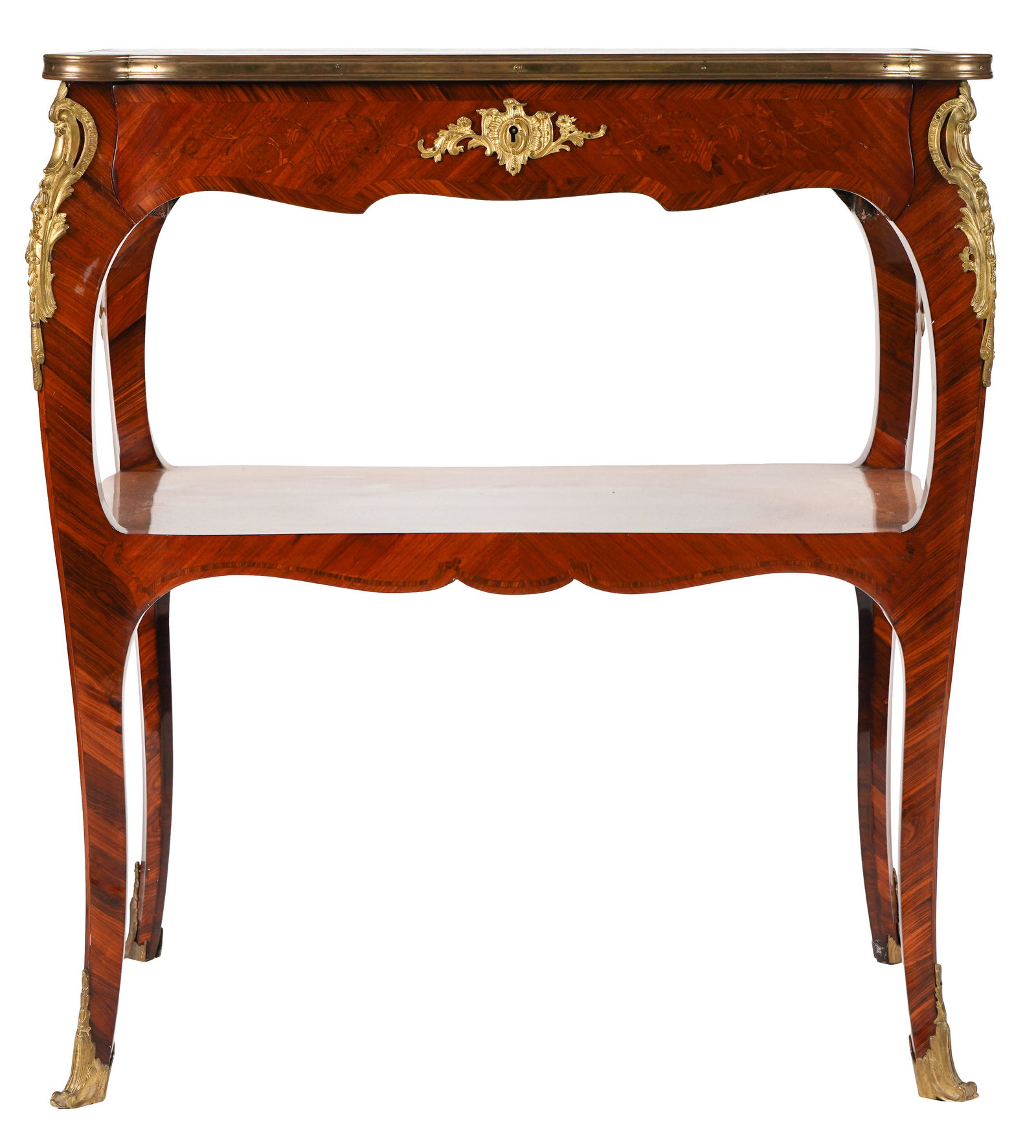 LOUIS XV STYLE TIERED TABLE: modern; with marquetry inlaid top and gilt metal mounts; 32 inches wide; 22 1/4 inches deep; 35 1/2 inches high