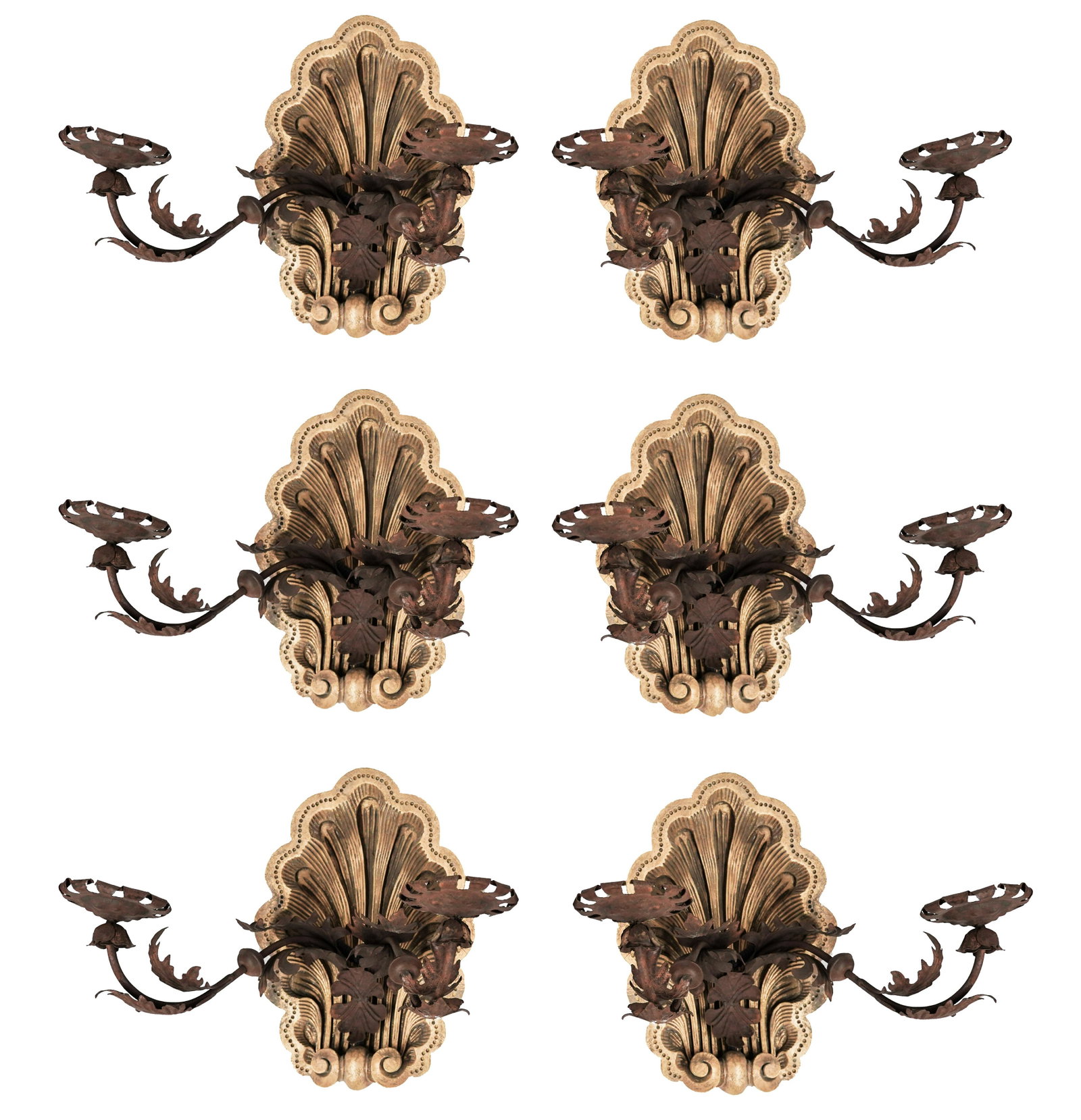 SIX ROCOCO-STYLE GILTWOOD & IRON WALL SCONCES: modern; unsigned; each with two arms; 26 1/4 inches wide; 20 inches deep; 21 1/2 inches high