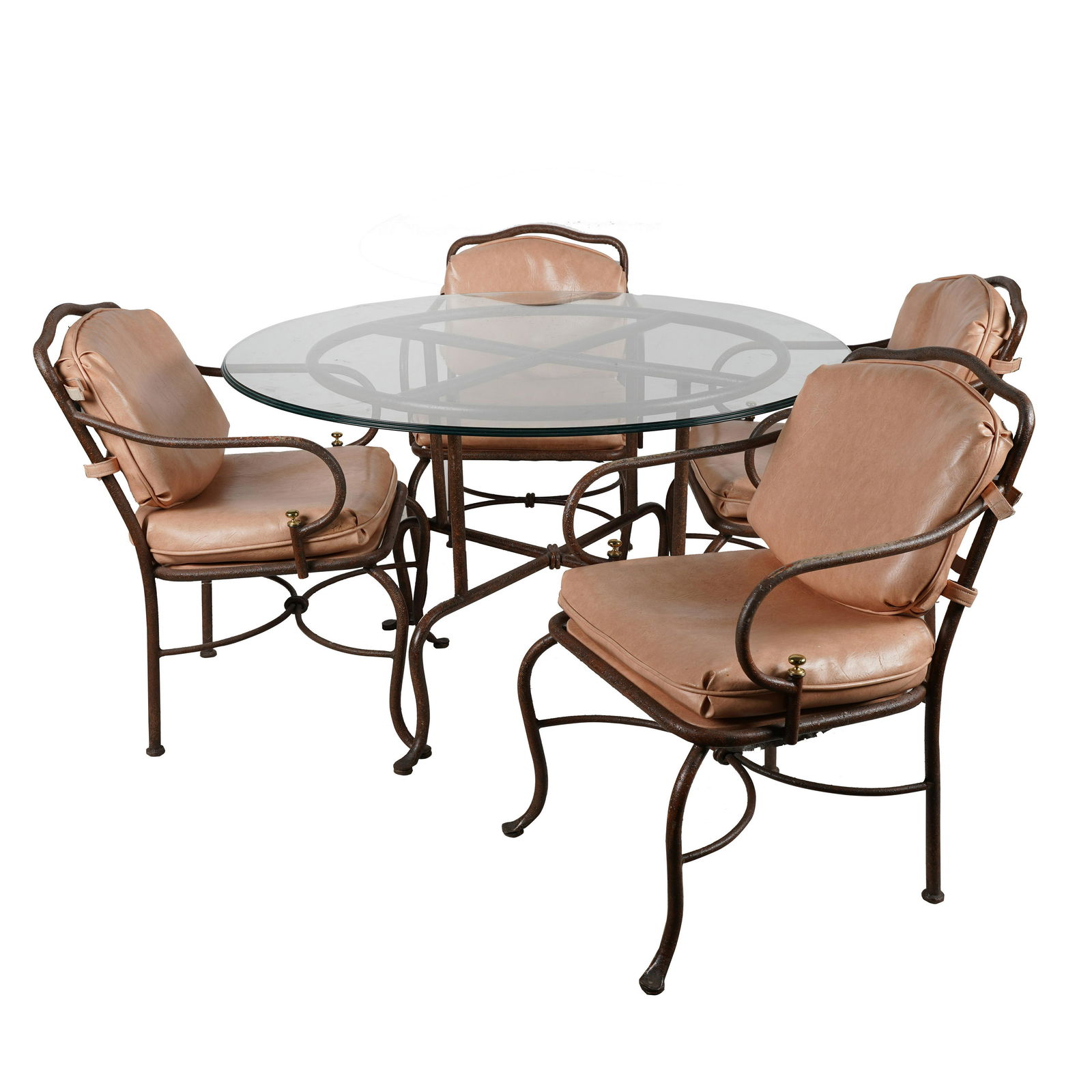 IRON PATIO DINING SET: the dining table with glass top (47 inches diameter; 28 1/2 inches high); with four chairs (22 inches wide; 25 inches deep; 32 inches high; seat height: 18 inches)