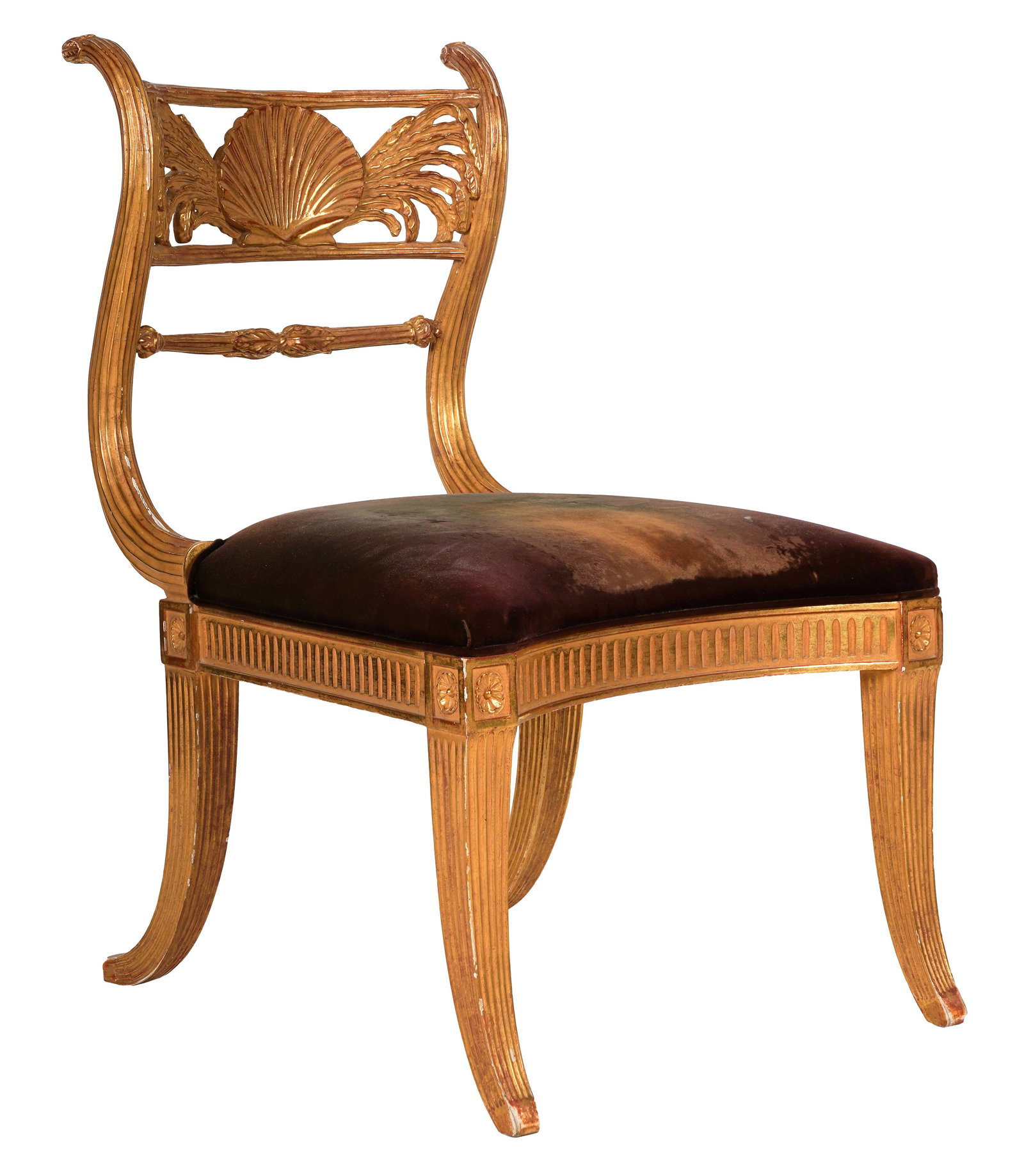 ITALIAN NEOCLASSICAL-STYLE GILTWOOD CHAIR: with shell-carved backrest; Condition: losses to gilding throughout, wear to upholstery; 21 1/2 inches wide; 27 inches deep; 36 inches high; seat height: 17 1/2 inches