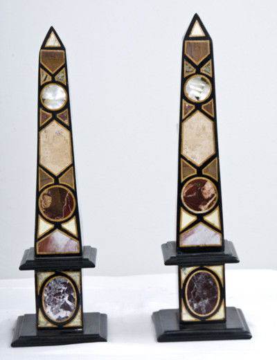 PAIR OF SPECIMEN MARBLE OBELISKS: 21 inches high