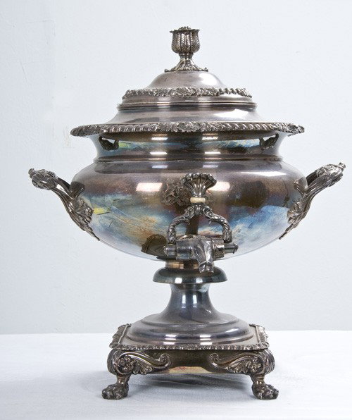 REGENCY SILVERPLATED HOT WATER URN: Matthew Boulton, Sheffield, circa 1815 with body with a coat-of arms of Courtney and Pepys for William the 11th Earl of Devon Provenance: Freeman & Son New York 17 1/2 inches high