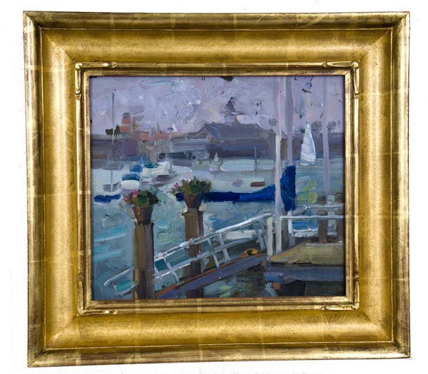 RANDALL LAKE: "CORAL AVENUE PATIO": oil on panel titled on label verso Provenance: Michael Zschoche Gallery, Newport Beach 15 x 18 1/2 inches