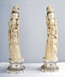 PAIR OF CHINESE IVORY KUAN YINS: each with jeweled decoration on a similar base 26 3/4 inches high