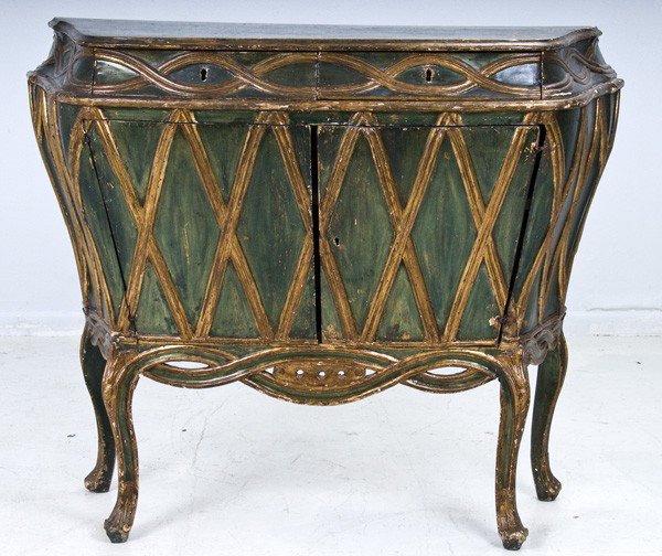 VENETIAN PAINTED AND PARCEL GILT BOMBE COMMODE: the decorated top with two frieze drawers and a two door cupboard 45 inches wide; 16 1/2 inches deep; 36 inches high