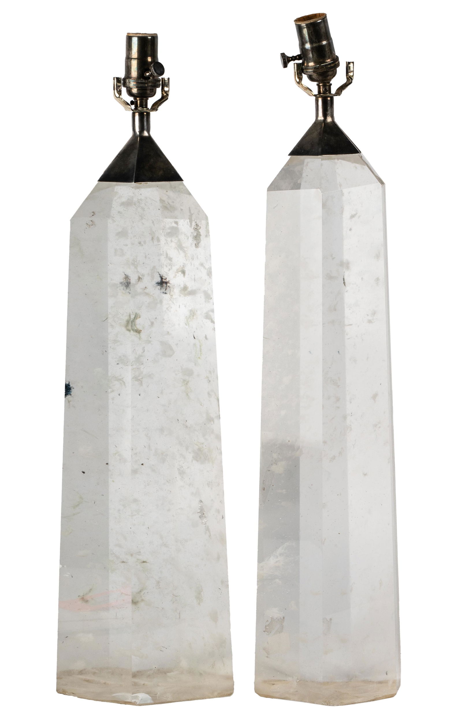 PAIR OF ROCK CRYSTAL TABLE LAMPS: unmarked; no shades; Condition: working condition unknown; one 7 1/2 inches wide, 7 1/2 inches deep, 24 inches high; the other 6 inches wide, 5 1/2 inches deep, 26 inches high;