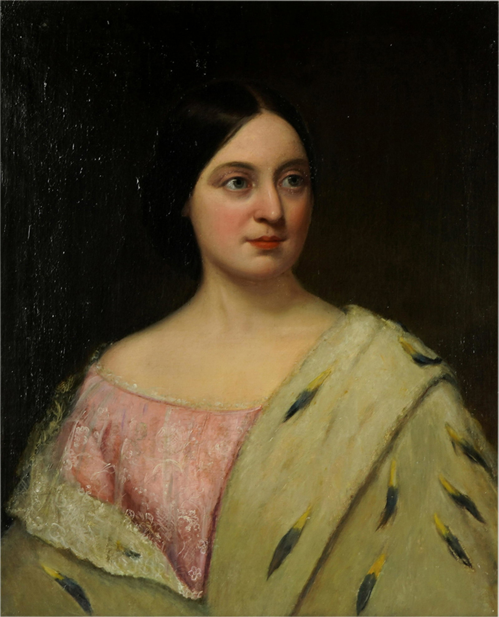 AMERICAN SCHOOL (19TH CENTURY): PORTRAIT OF A LADY: oil on canvas; 1858; signed "C. Soule" and dated verso; Condition: patches to canvas on verso; craquelure throughout; several areas of in-painting, mostly in the upper half; 27 1/2 x 22 1/4 inches; 36