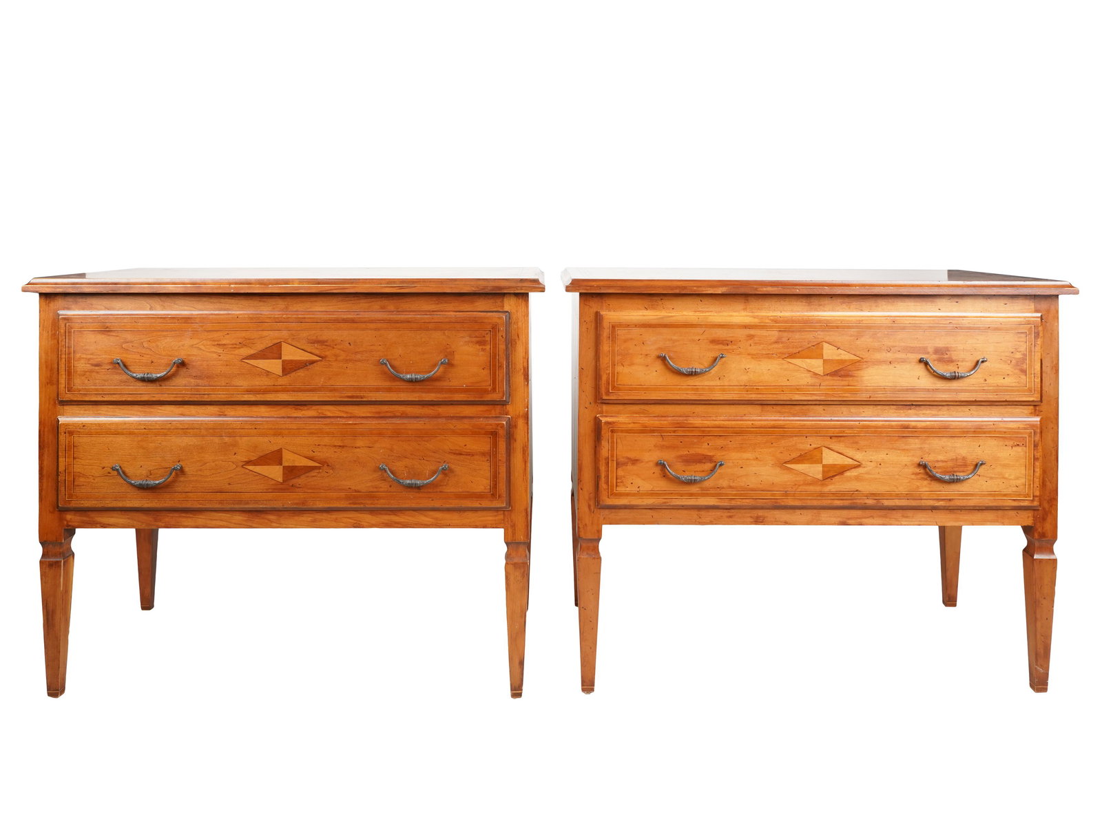 PAIR OF NEOCLASSICAL-STYLE PARQUETRY COMMODES: 20th century; unsigned; 38 inches wide; 19 1/4 inches deep; 32 inches high