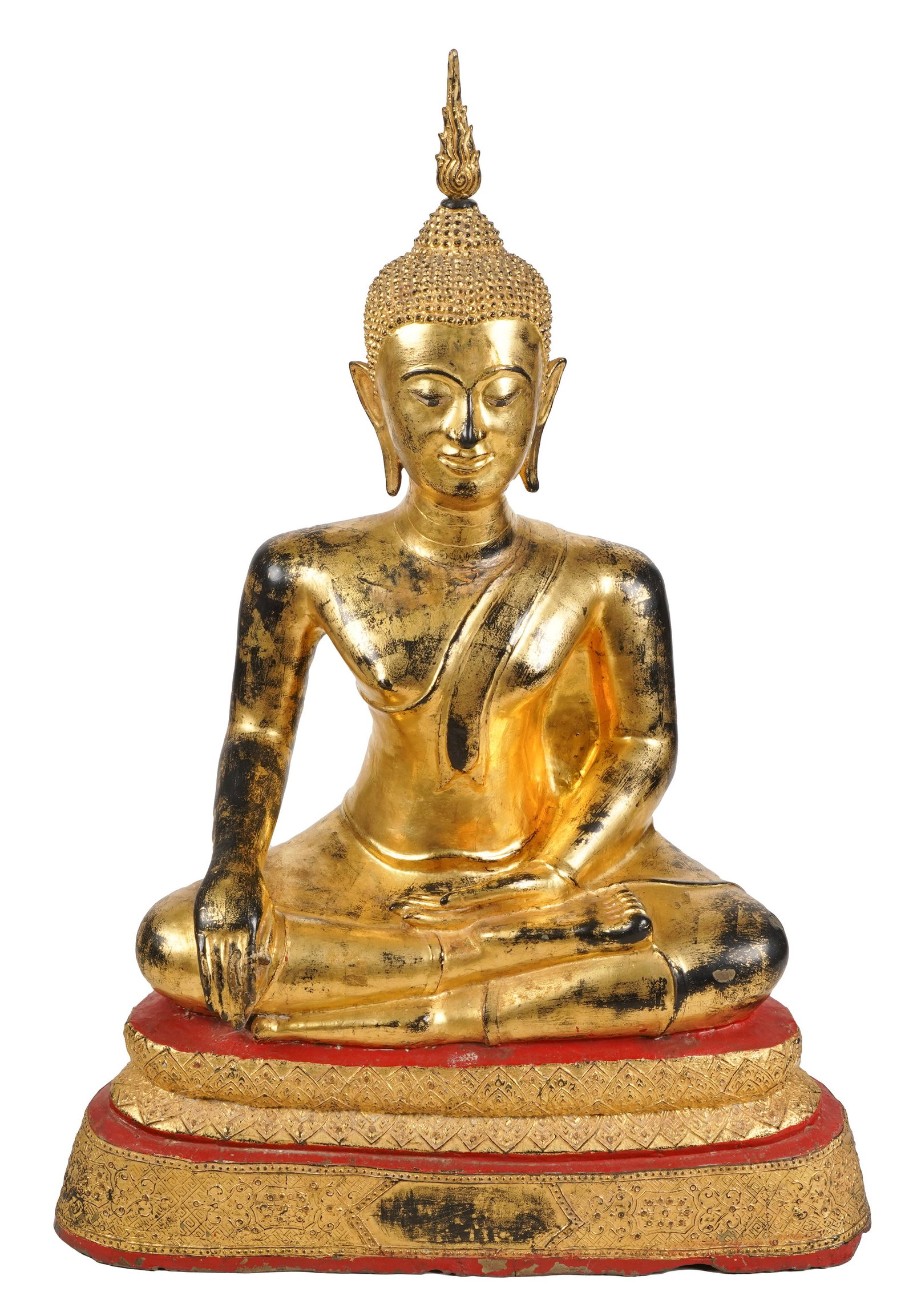 THAI GILT METAL SEATED BUDDHA FIGURE: cement-filled; Note: weighs over100 pounds; Provenance: The Mrs. Stuart Davis Collection, Beverly Hills, CA; 27 3/4 inches wide; 14 1/4 inches deep; 38 1/2 inches high