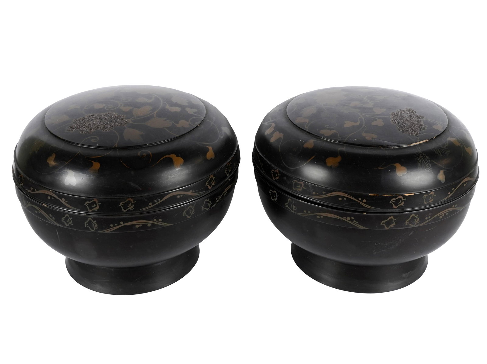 PAIR OF JAPANESE ROUND LACQUERED COVERED BOXES: Provenance: The Mrs. Stuart Davis Collection, Beverly Hills, CA; 14 1/4 inches diameter; 11 inches high