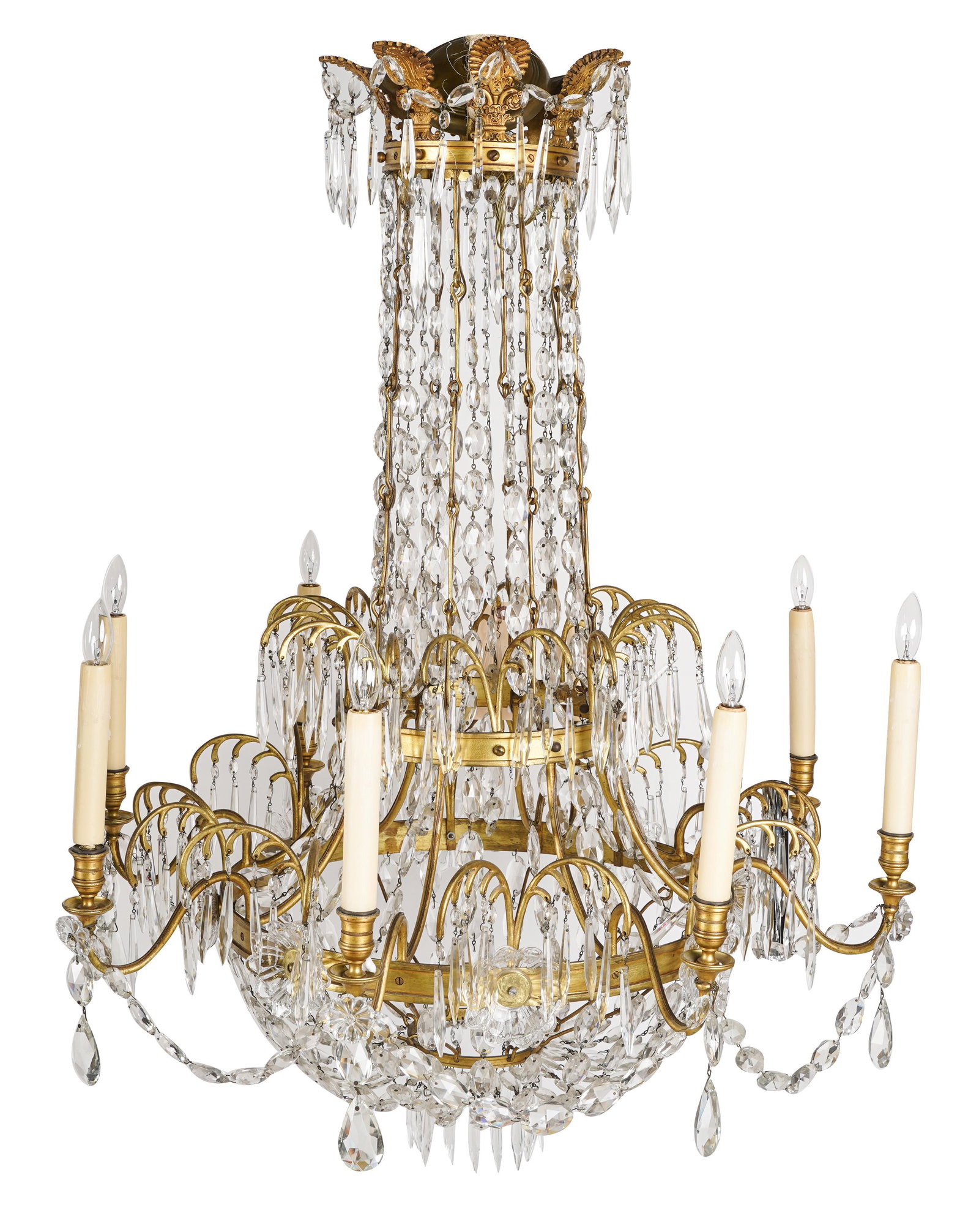 GILT METAL & CRYSTAL EIGHT-LIGHT CHANDELIER: Provenance: The Jerry Magnin Family; 31 1/2 inches wie; 40 1/4 inches high
