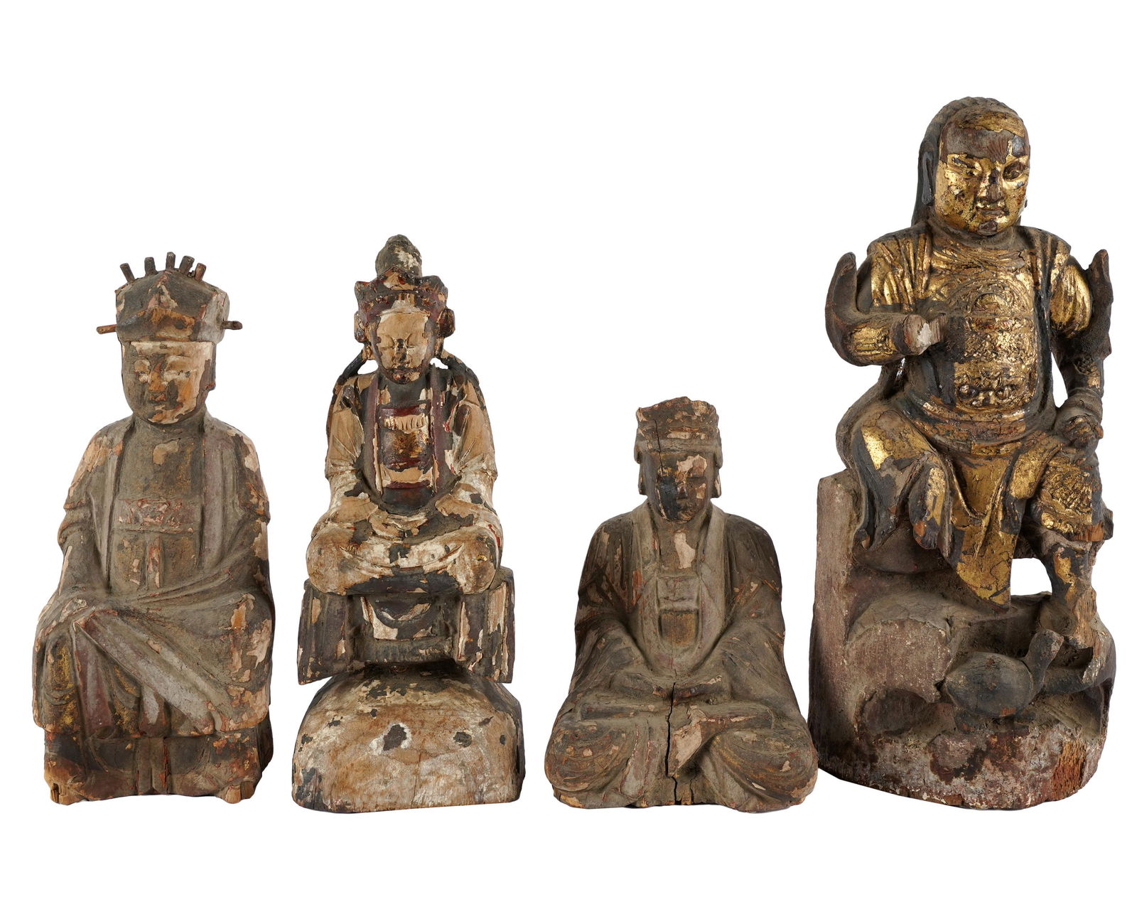 FOUR CHINESE CARVED WOOD FIGURES: Provenance: The Mrs. Stuart Davis Collection, Beverly Hills, CA; ranging from 7 3/4 to 13 3/4 inches high
