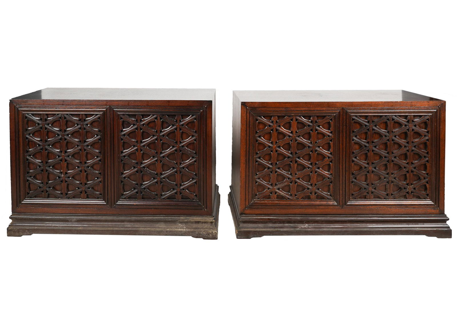 PAIR OF LOW CABINETS ON STANDS: 20th century; Provenance: The Mrs. Stuart Davis Collection, Beverly Hills, CA; 37 1/2 inches wide; 19 1/2 inches deep; 24 inches high