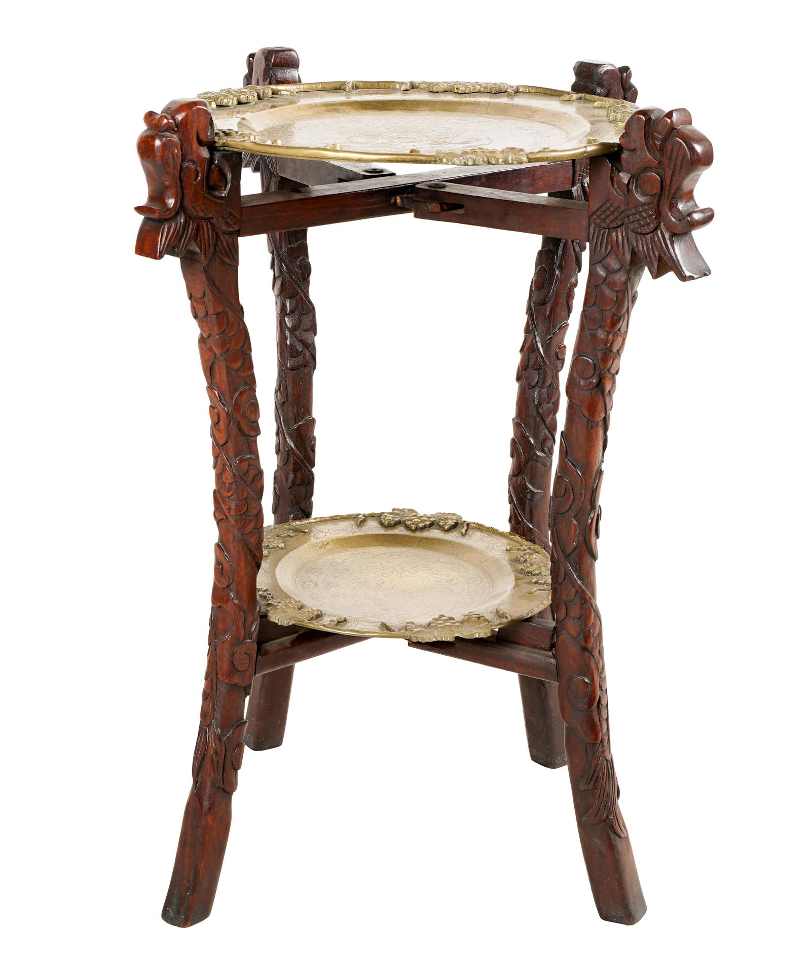 CHINESE CARVED WOOD & BRASS TIERED TABLE (1 of 10)