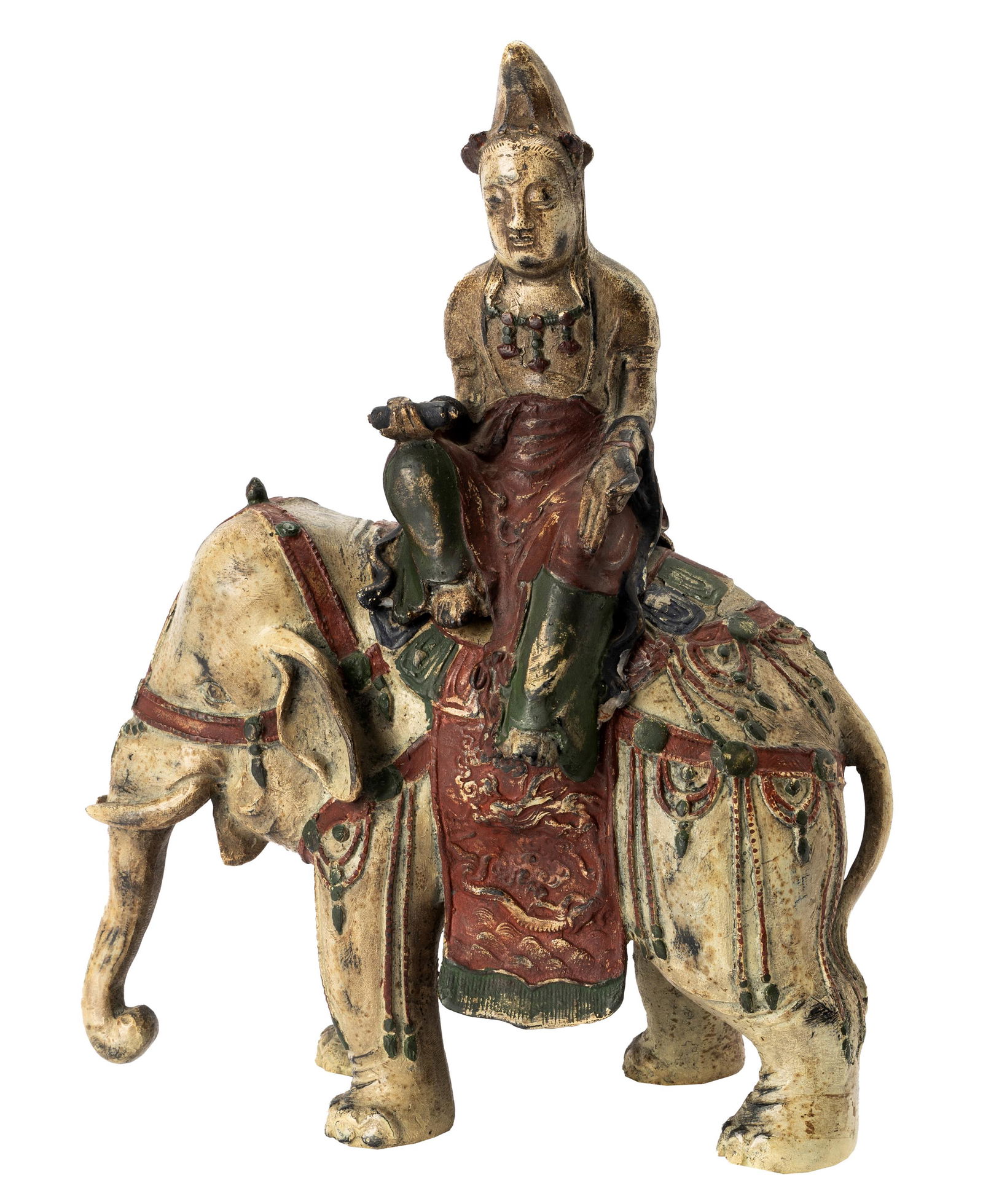 JAPANESE FIGURE OF BUDDHA ON ELEPHANT: polychromed metal; Provenance: Mildred Warder LTD, Tokyo; The Mrs. Stuart Davis Collection, Beverly Hills, CA; 12 inches wide; 6 inches deep; 15 3/4 inches high