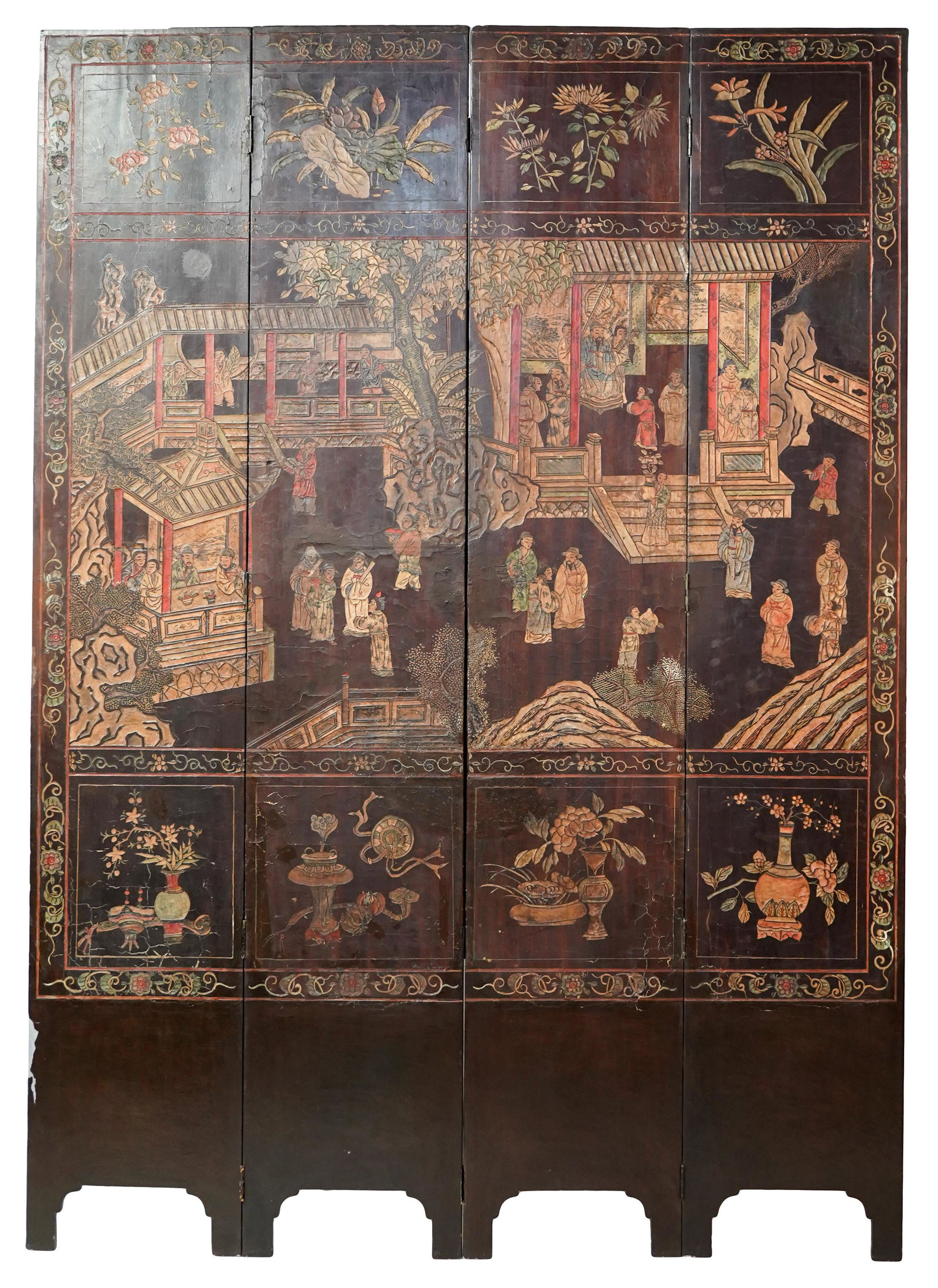 CHINESE COROMANDEL FOUR-PANEL SCREEN: Provenance: The Mrs. Stuart Davis Collection, Beverly Hills, CA; each panel: 90 x 16 inches; overall width: 64 inches