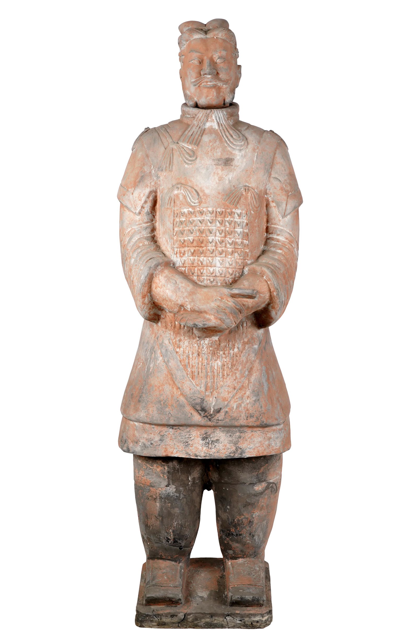 LARGE CHINESE TERRACOTTA FIGURE OF A WARRIOR: with detachable head, depicted standing on an integral base; Provenance: The Mrs. Stuart Davis Collection, Beverly Hills, CA; 19 inches wide; 18 inches deep; 59 inches high
