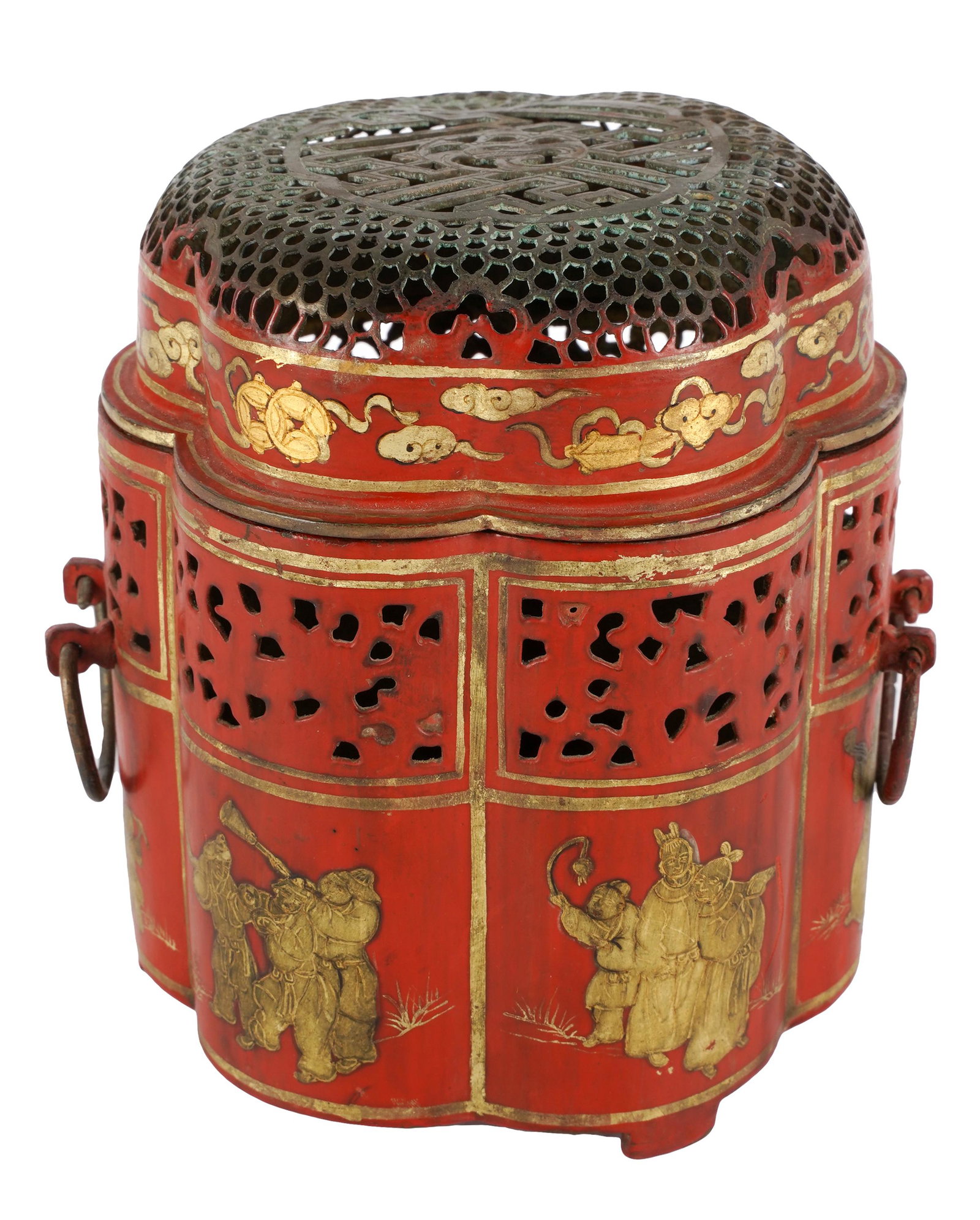 CHINESE GILT & RED-PAINTED TOLE CENSER: unsigned; with a pierced lid and body, decorated with figures; 5 3/4 inches high