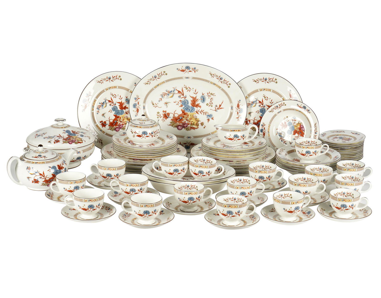 WEDGWOOD "JAMESTOWN" PORCELAIN SERVICE: printed factory marks; comprising 12 dinner plates (10 3/4" dia.); 12 salad plates (8 1/8" dia.); six soup plates (8" dia.); 12 bread plates (6" dia.); 1 teapot (5 inches high); 1 covered sugar bowl (