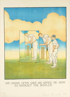 GLEN BAXTER (B. 1944): "MR. UNWIN OFTEN GAVE ME ADVICE": Mr. Unwin Often Gave Me Advice on How to Distract the Bowler; 1984; lithograph, matted and framed under acrylic; pencil-signed and dated lower right, numbered 176/200 lower left; depicting cricket pla