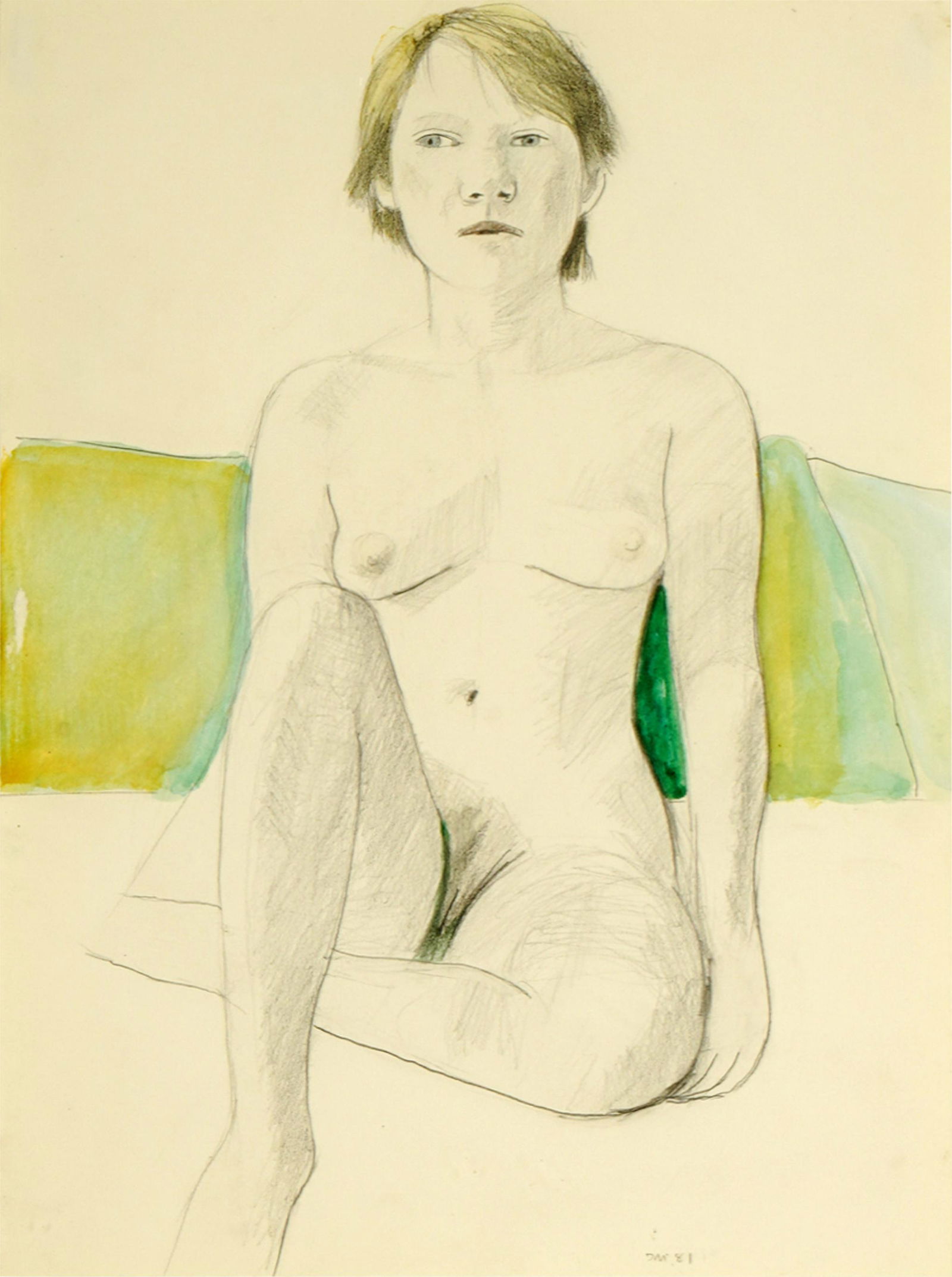 DAN MCCLEARY: UNTITLED (NUDE): 1981; watercolor and pencil on paper, framed floating under acrylic; pencil-signed with initials and dated on recto lower right; 11 3/4 x 8 3/4 inches; 19 x 16 inches frame