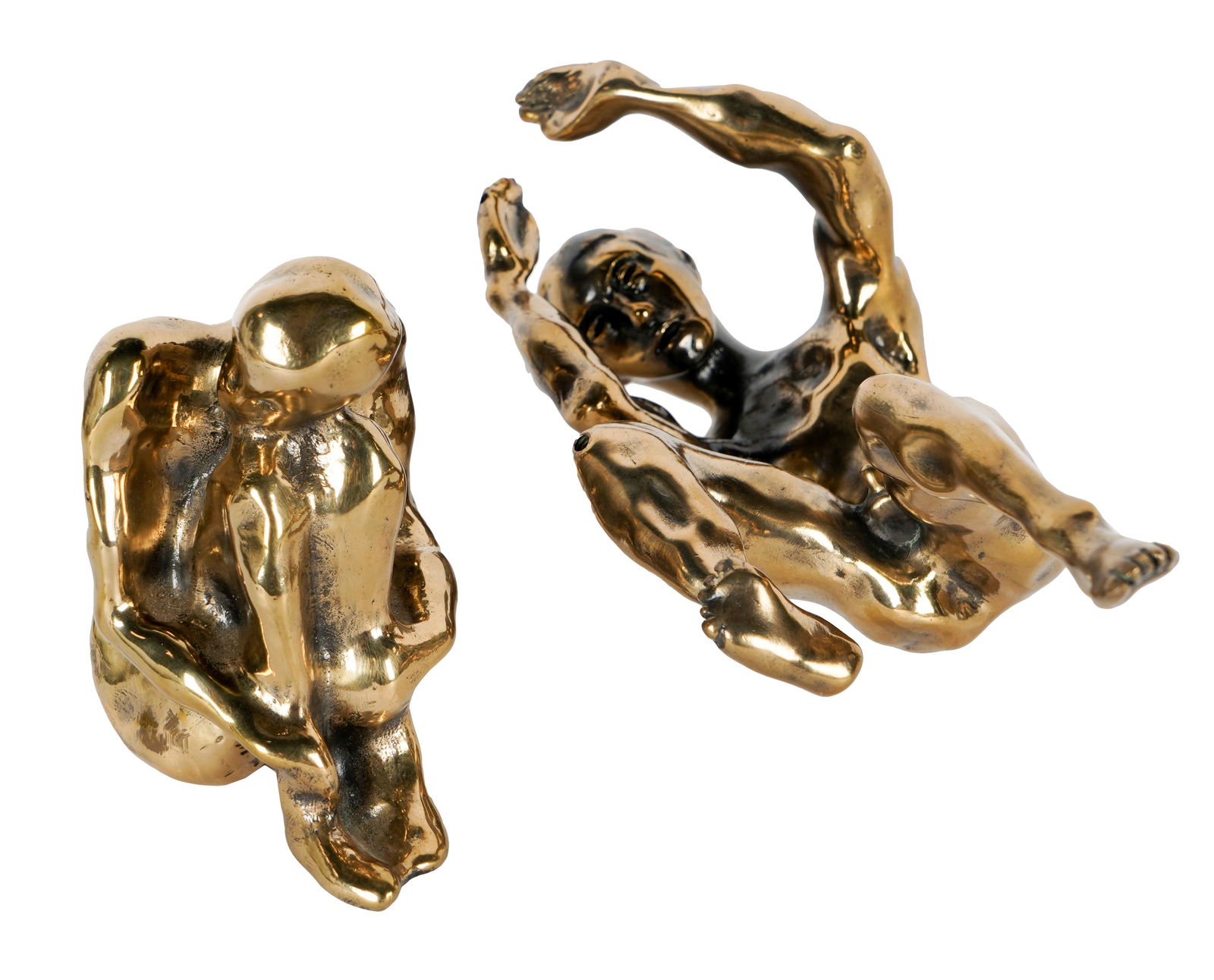 TOM BENNETT (B. 1928: TWO BRONZE FIGURES: each: gilt bronze; unsigned; largest: 10 1/2" wide; 4" deep; 4 1/4" high; smallest: 4" wide; 3 1/4" deep; 4 3/4" high