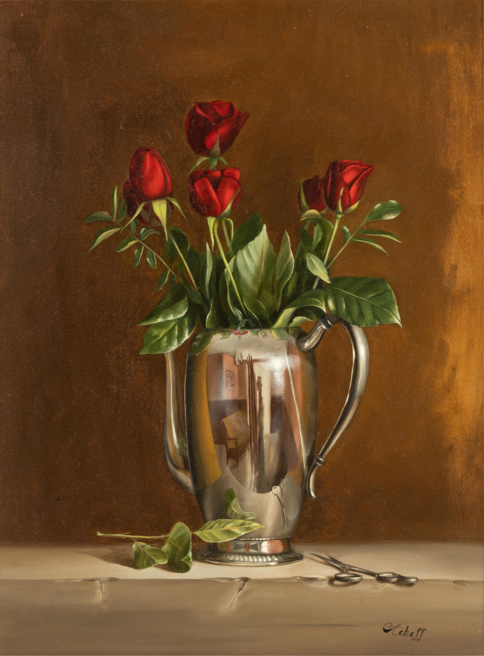 WILLIAM ACHEFF (B.1947): STILL LIFE: oil on canvas; signed lower right; 24 x 18 inches; 34 3/4 x 29 inches
