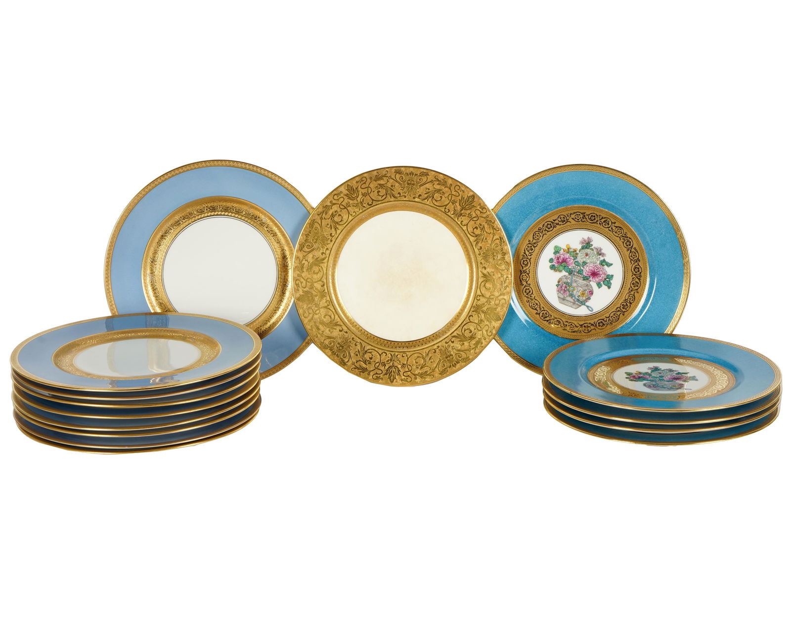 ASSEMBLED GROUP OF PORCELAIN PLATES: comprising nine Heinrich and Co., Selb, Bavaria plates with blue and gilt bands and plain center(10 3/4" dia.); five Bernardaud Limoges plates with blue and gilt bands and floral center (10 1/2" dia.)