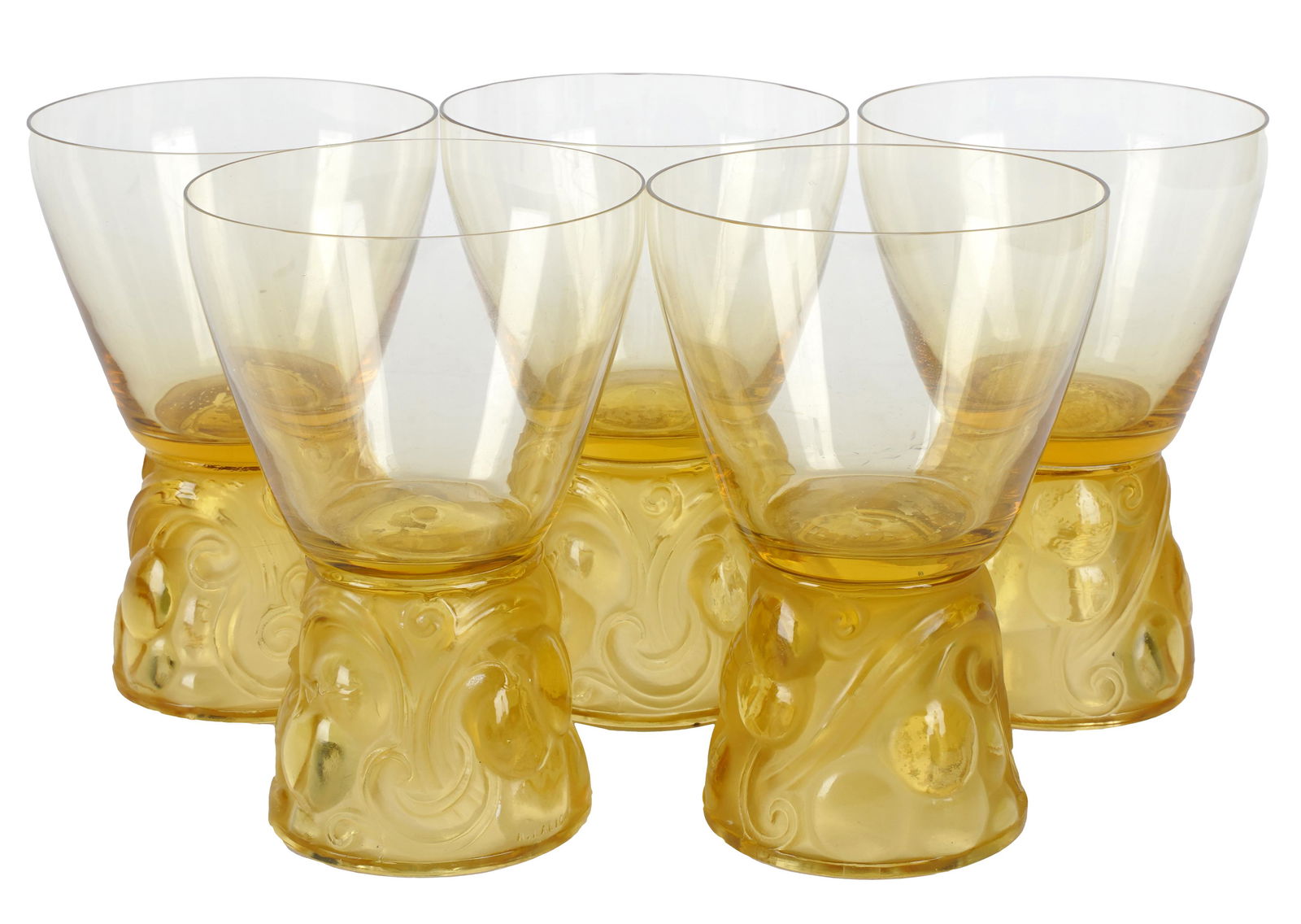 FIVE R. LALIQUE "MARIENTHAL BOURGOGNE" AMBER GLASSES (1 of 7)