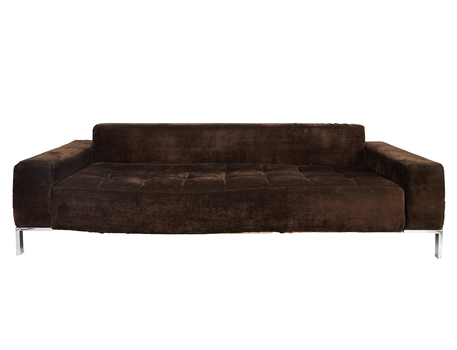 MODERNIST BROWN FABRIC & CHROMED METAL SOFA: unsigned; 91 inches wide; 37 inches deep; 25 inches high; seat height: 16 inches