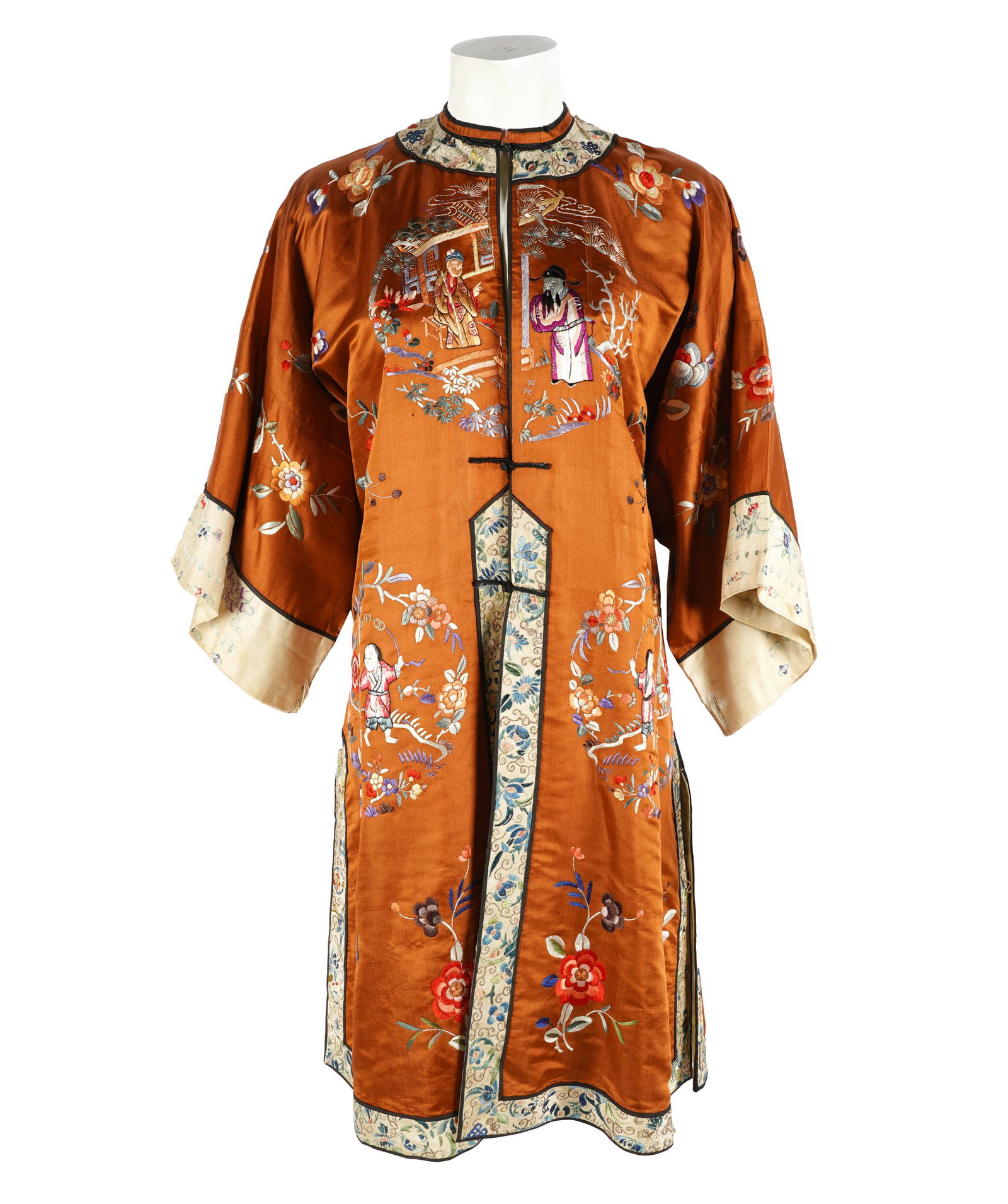 CHINESE ROBE: embroidered in colored silk threads with figures and flowers on brown silk; 42 inches long