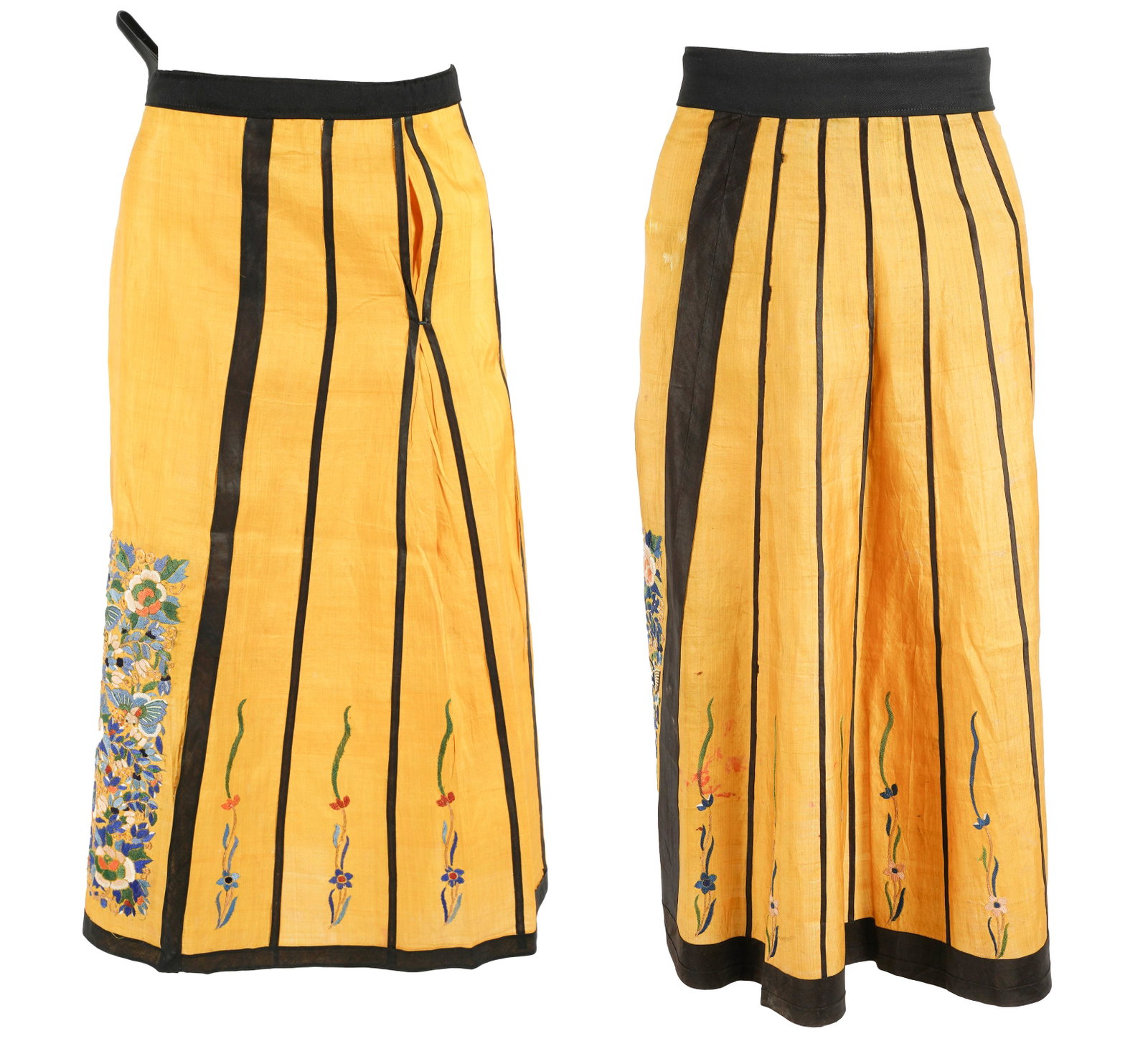 PAIR OF CHINESE SILK EMBROIDERED SKIRTS: decorated with flowers; each: 29 inches long