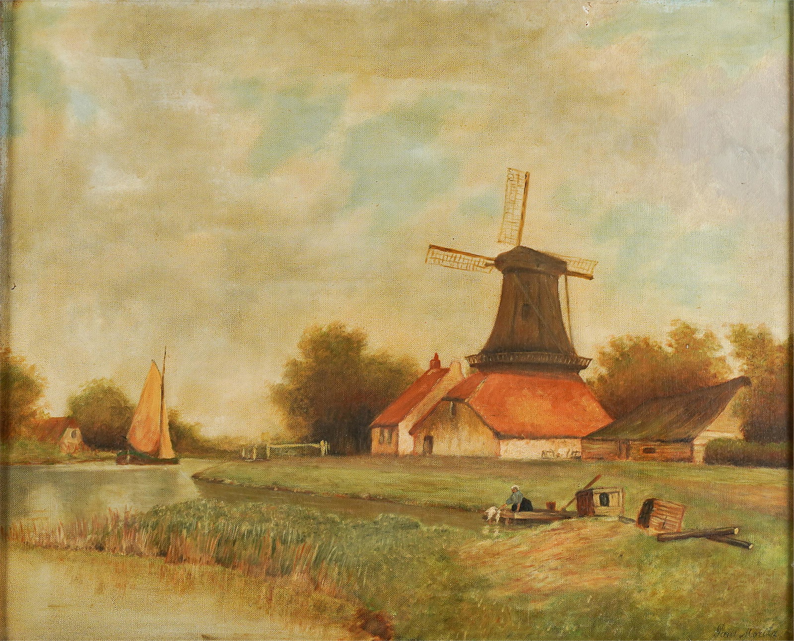 CONTINENTAL SCHOOL: WINDMILL IN LANDSCAPE: 19th / early 20th century; oil on canvas; signed lower right "Paul Mor[illegible]" 19 x23 1/2 inches; 27 1/2 x 32 inches frame