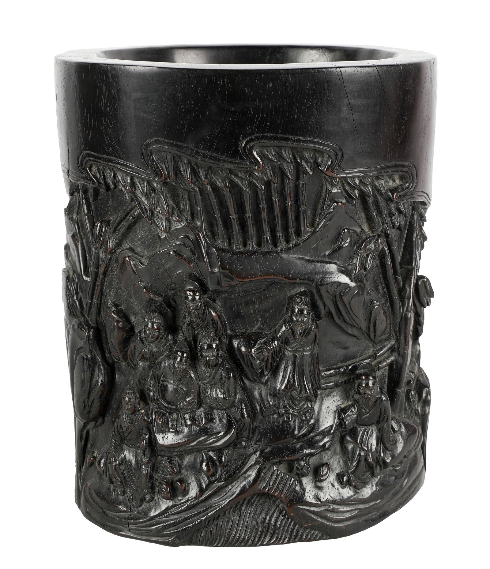 CHINESE CARVED BLACKWOOD BRUSH POT: inscribed; deeply relief-carved with figures; approximately 4,462 grams; 7 3/4 inches wide; 7 inches deep; 9 inches high