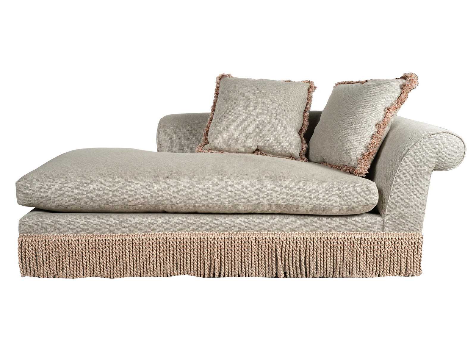 A. RUDIN CHAISE LOUNGE: gray geometric upholstery; 81 inches wide; 41 inches deep; 29 inches high; seat height: 20 inches