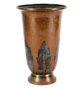 LUC LANEL / CHRISTOFLE ART DECO DINANDERIE VASE: mixed metals; marked "Christofle / B115 / G"; Provenance: Property from a Hancock Park Estate; Condition: wear throughout; 5 1/2 inches diameter; 8 3/4 inches high