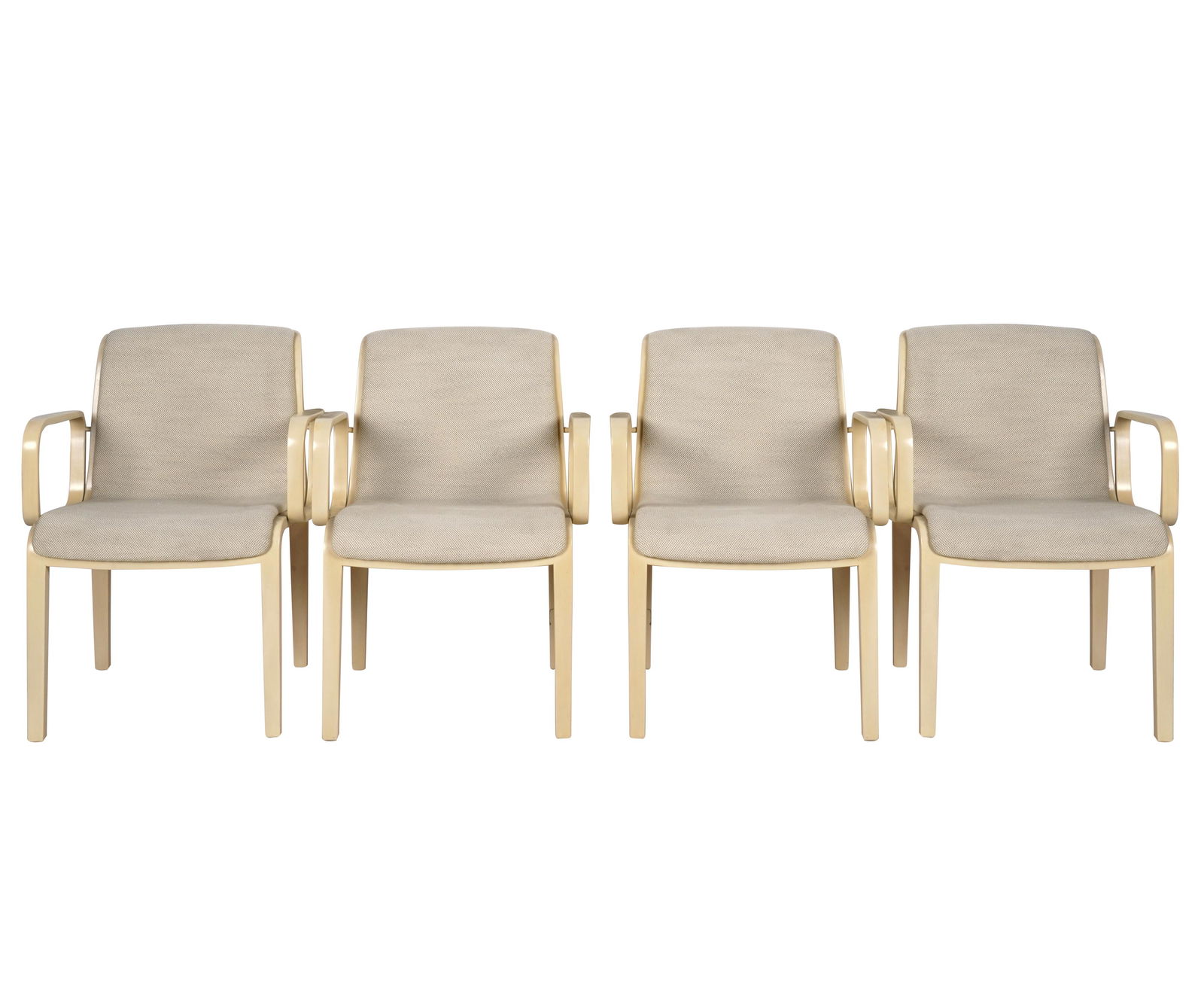 SET OF FOUR BILL STEPHENS / KNOLL ARMCHAIRS: each with Knoll International paper label; covered with cream-colored wool fabric; Provenance: Property from a West Hollywood, CA Collection; 23 inches wide; 23 inches deep; 32 inches high; Seat heigh