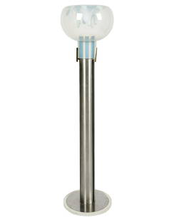 TONI ZUCCHERI TORCHIERE FLOOR LAMP: Italy, c. 1970; chrome-plated steel, glass, enameled steel, and aluminum; globe: 15 1/2 inches diameter; overall: 56 1/4 inches high