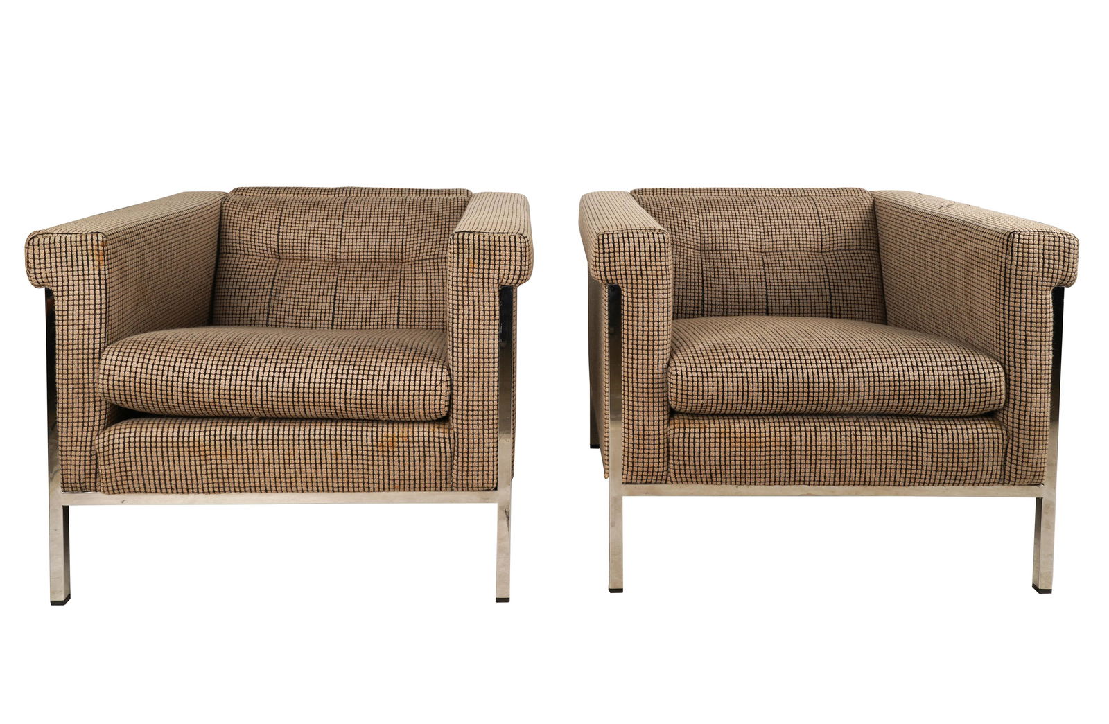 PAIR OF HELIKON CLUB CHAIRS: chromed metal and tan and black grid-patterned velour; with manufacturer's label; Provenance: The Mrs. Stuart Davis Collection, Beverly Hills, CA; 35 inches wide; 32 inches deep; 27 inches high; seat