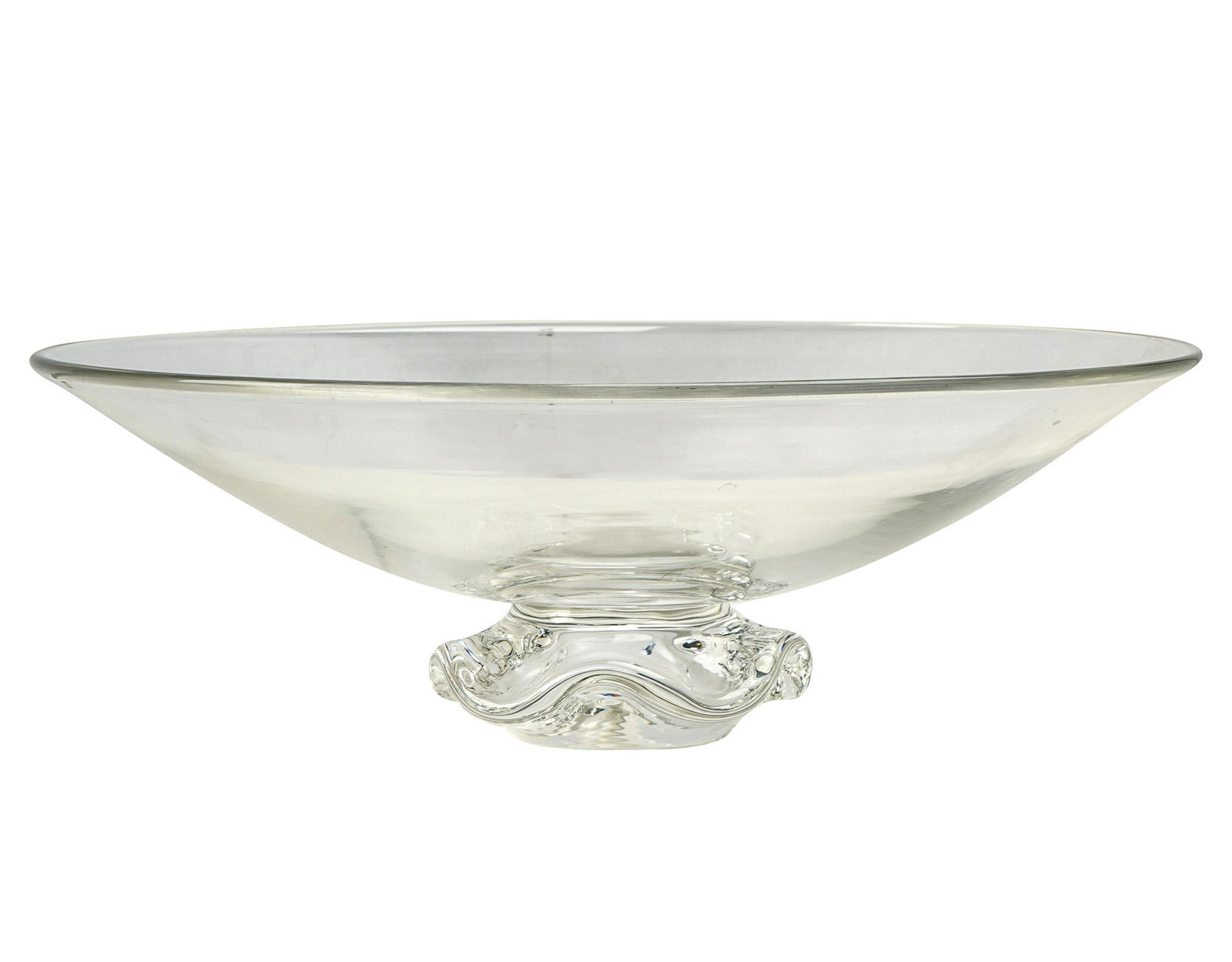 STEUBEN GLASS CENTER BOWL: etched signature to underside; Condition: no chips or cracks; scattered scratches; 15 inches diameter; 5 inches high