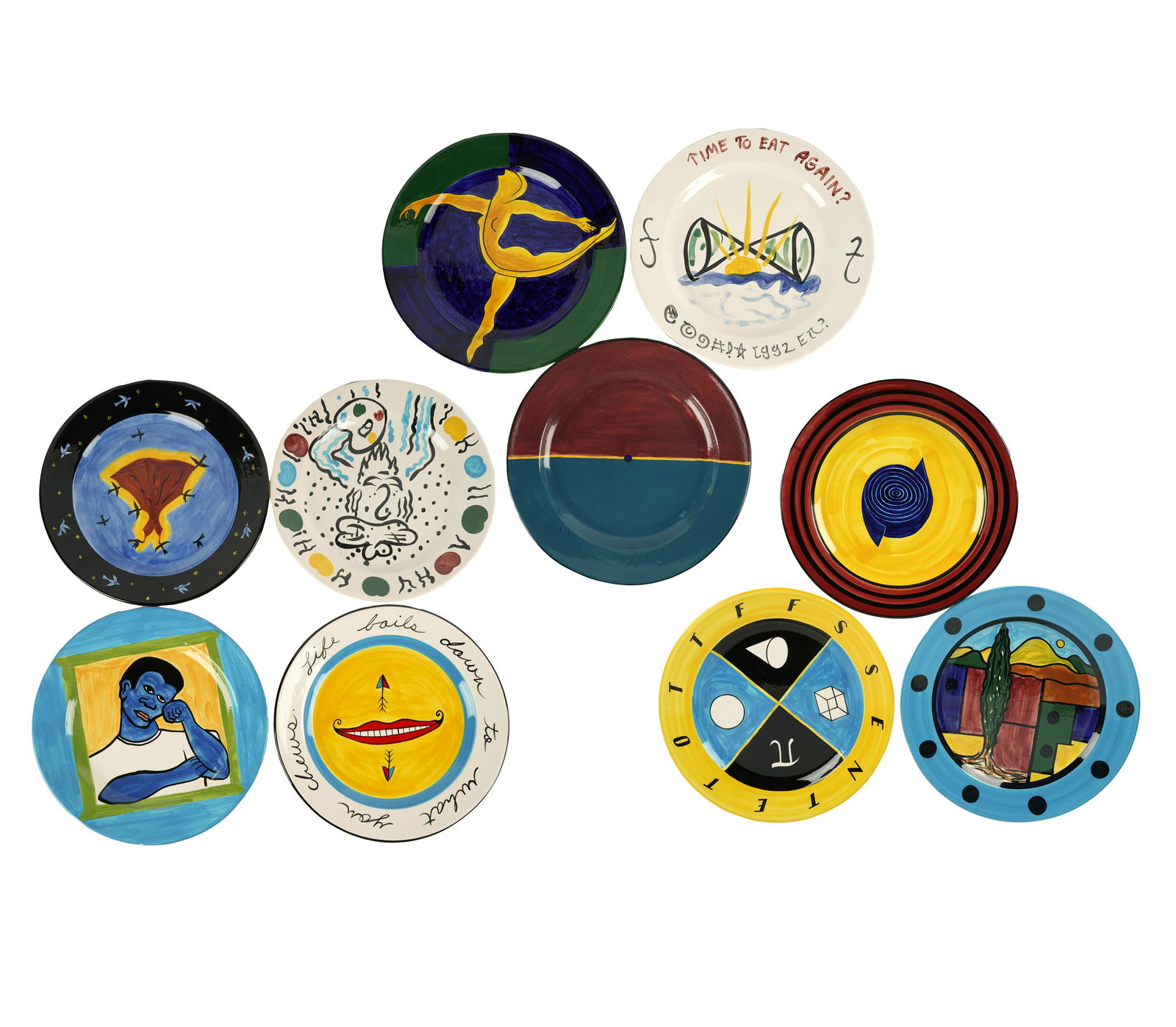 VARIOUS ARTISTS: 15 GAETANO POTTERY CHARGERS: made for the Santa Barbara Contemporary Arts Forum, dated 1993 and 1995; one each by David Ligare, Eric Chan and Heather Schatz, Annette Guionnet, William Wiley, Dane Goodman, Hung Liu, Hollis Siegler