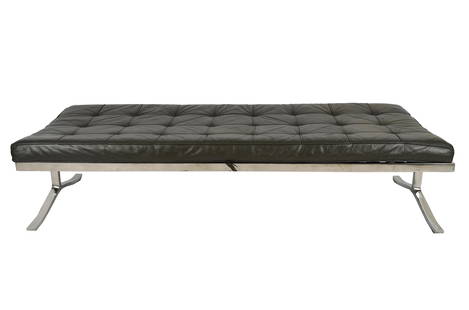 NICOS ZOGRAPHOS BENCH / DAYBED: black leather and polished stainless steel; unsigned; 70 inches wide; 28 inches deep; 16 inches high