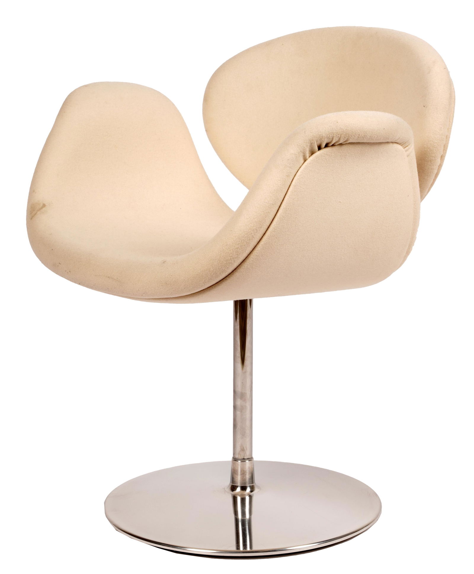 PIERRE PAULIN / ARTIFORT "TULIP" SWIVEL ARMCHAIR: France, 1960s; cream-colored wool and chrome-plated steel; with manufacturer's metal plaque, and molded mark to underside of base; Condition: slight staining to fabric; 26 inches wide; 23 inches deep;
