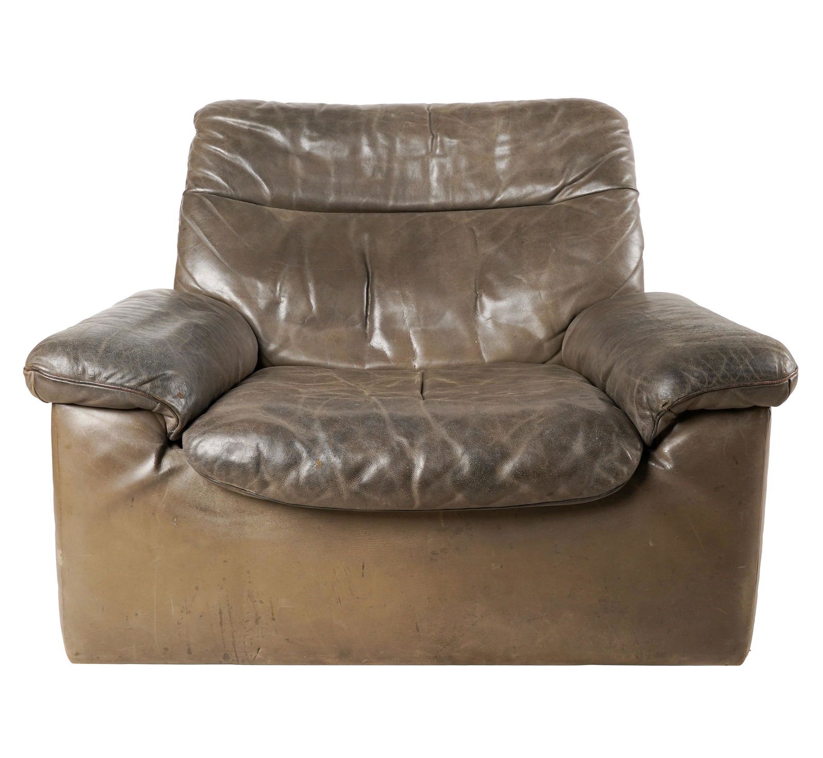 DE SEDE LEATHER CLUB CHAIR: signed in fabric under seat cushion; 36 1/2 inches wide; 35 inches deep; 30 inches high; seat height: 14 inches