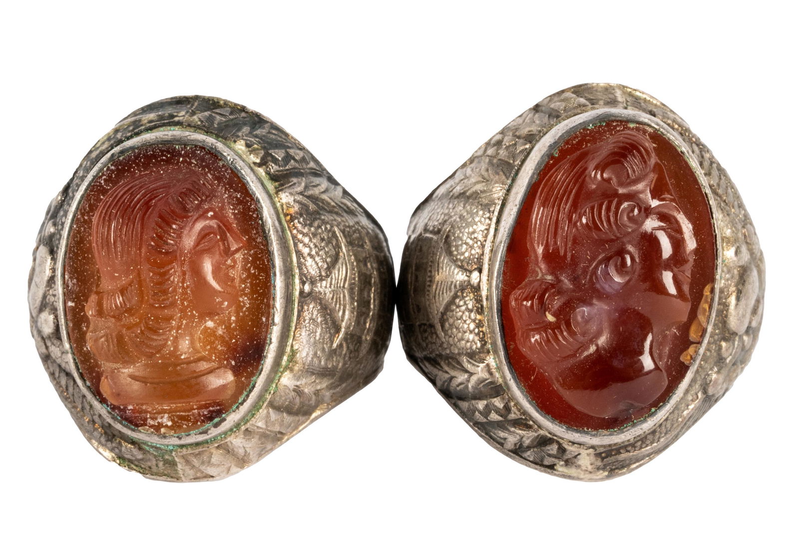 TWO CHINESE SILVER & CARVED AMBER RINGS (1 of 6)