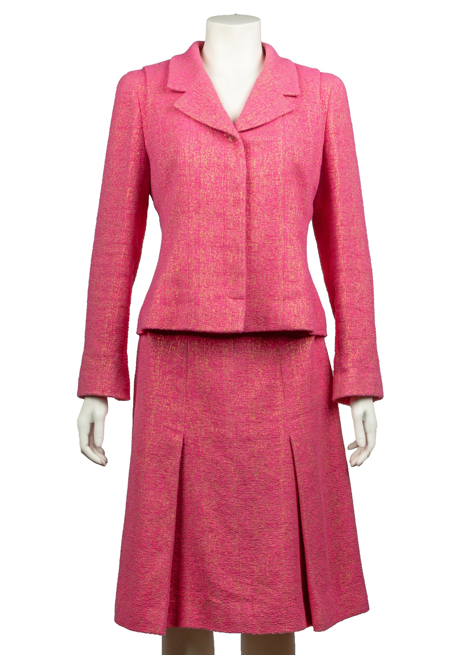 CHANEL SKIRT SUIT: pink with gold metallic threads; size 42;