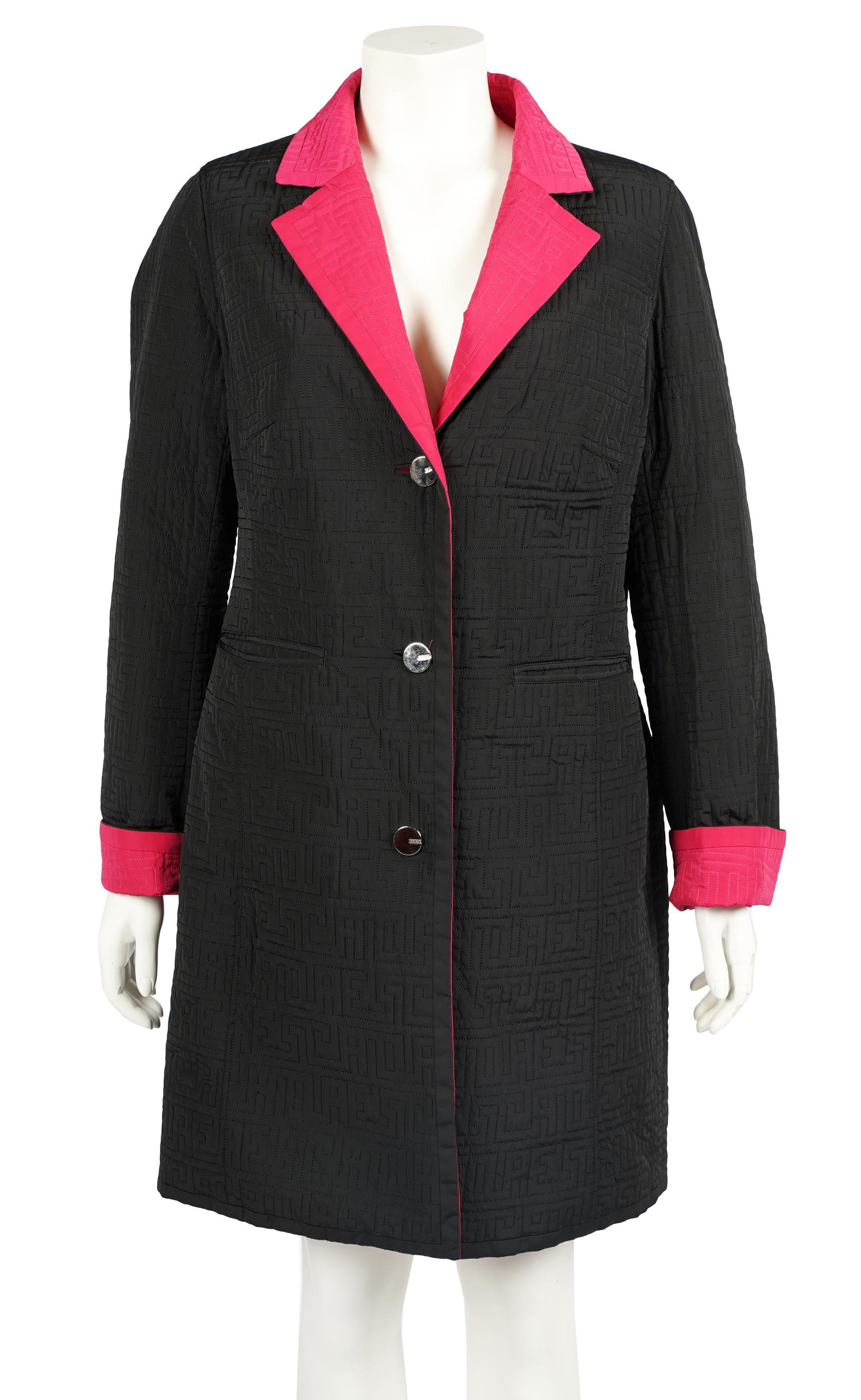 ESCADA REVERSIBLE PINK & BLACK COAT: buttons signed ESCADA; probably size 8 or 10; 38 inches in length