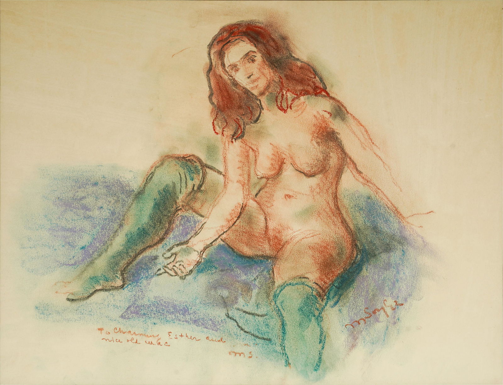 MOSES SOYER (1899 - 1974): NUDE IN GREEN STOCKINGS: pastel on paper, matted and framed under acrylic; signed lower right; Provenance: Heritage Gallery (label verso); 15 x 19 inches; 20 1/4 x 24 1/2 inches frame